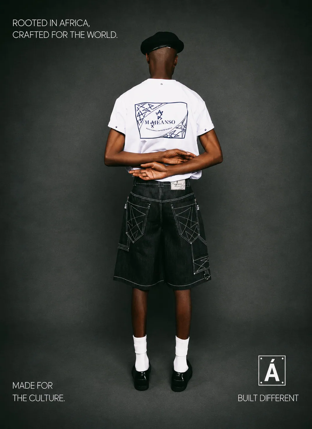 MAJEANSO white emblem tee and geometric denim shorts