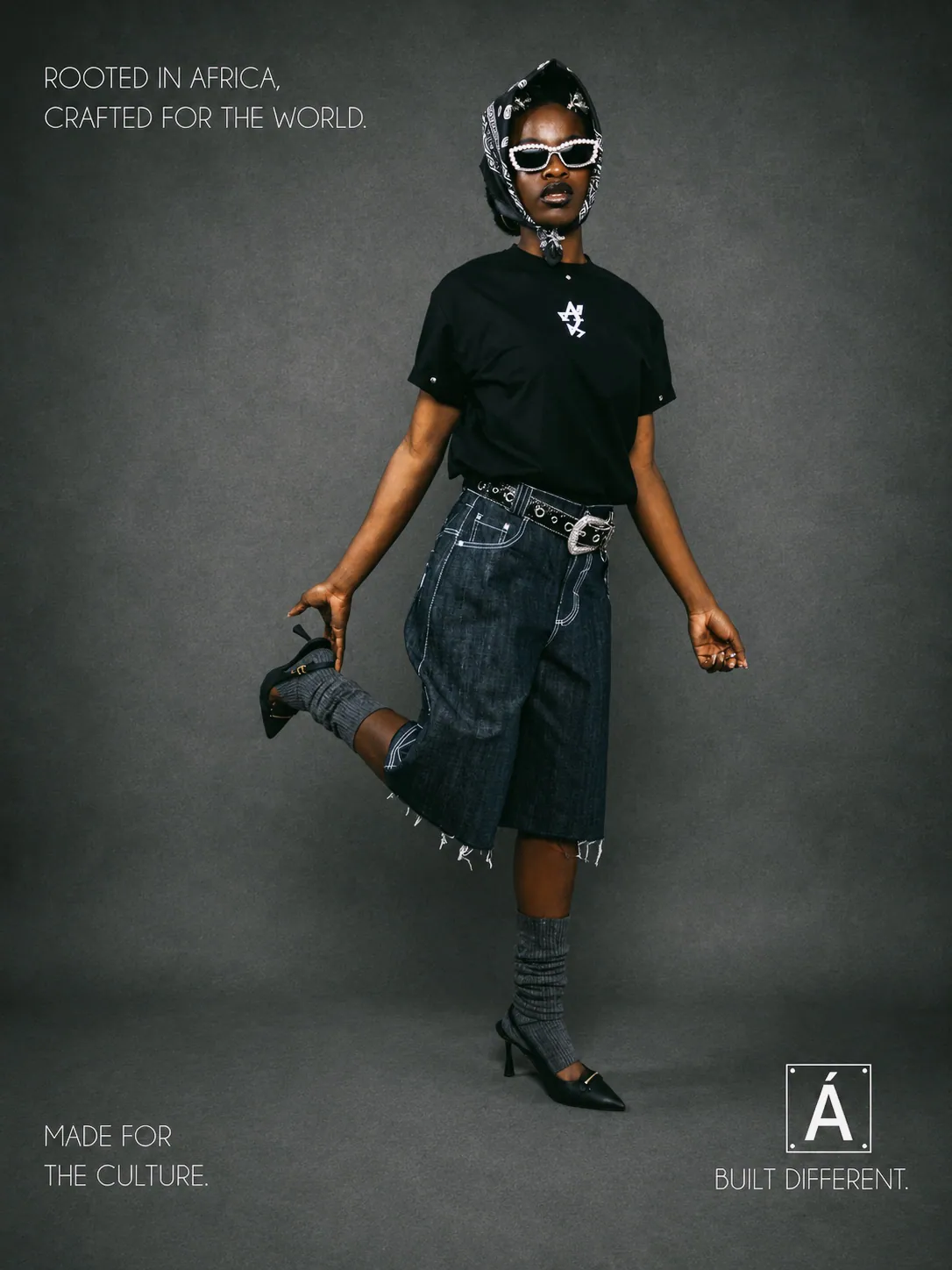 MAJEANSO black emblem tee and denim shorts
