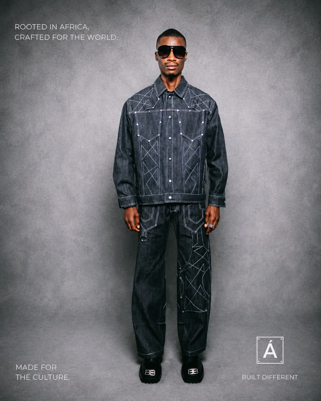 Front view of the MAJEANSO denim uniform
