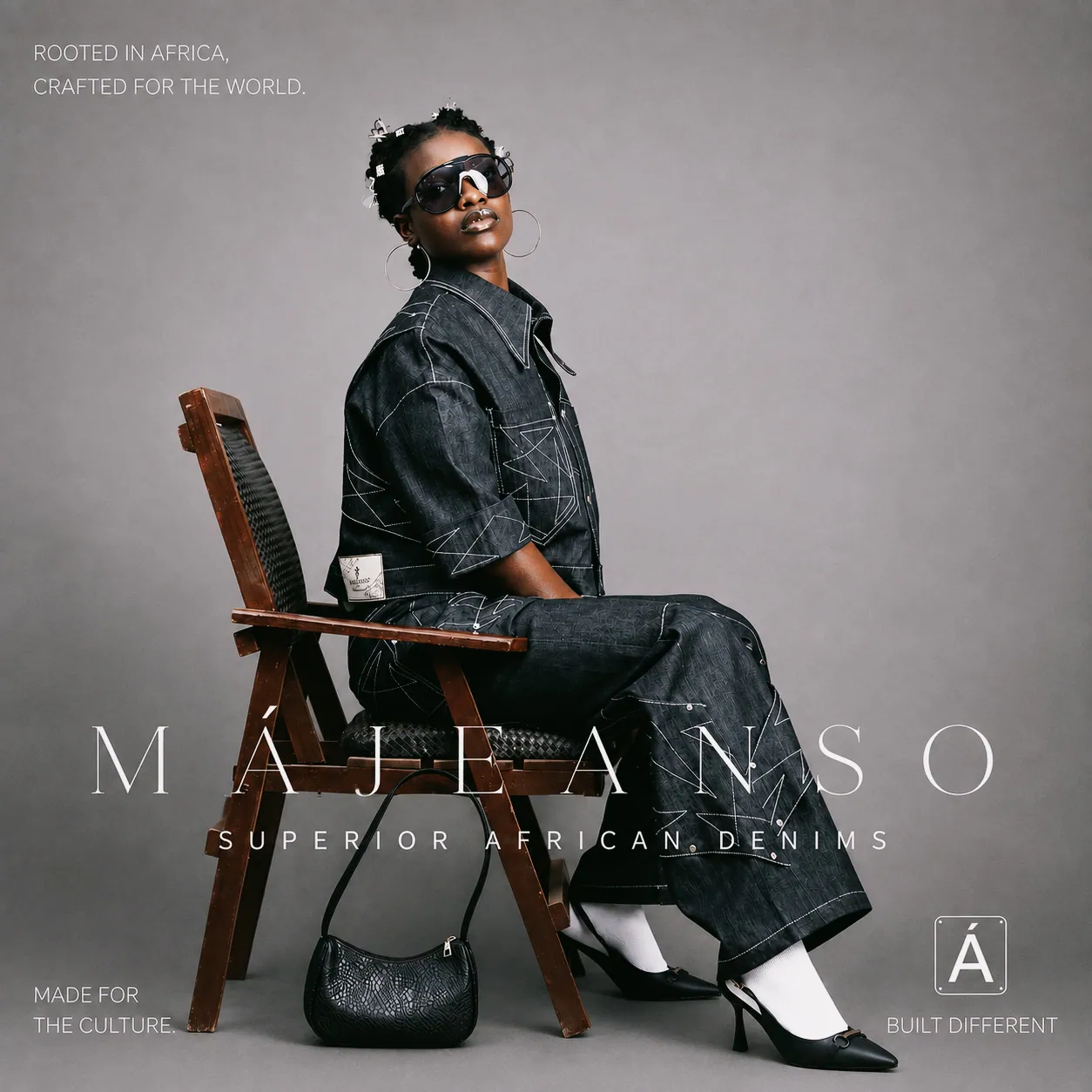 MAJEANSO model seated in a dark denim look